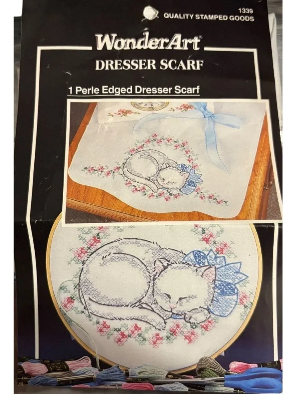Vintage Perle Edged Dresser Embroidery Scarf Stamped Sleeping CAT DESIGN ONLY